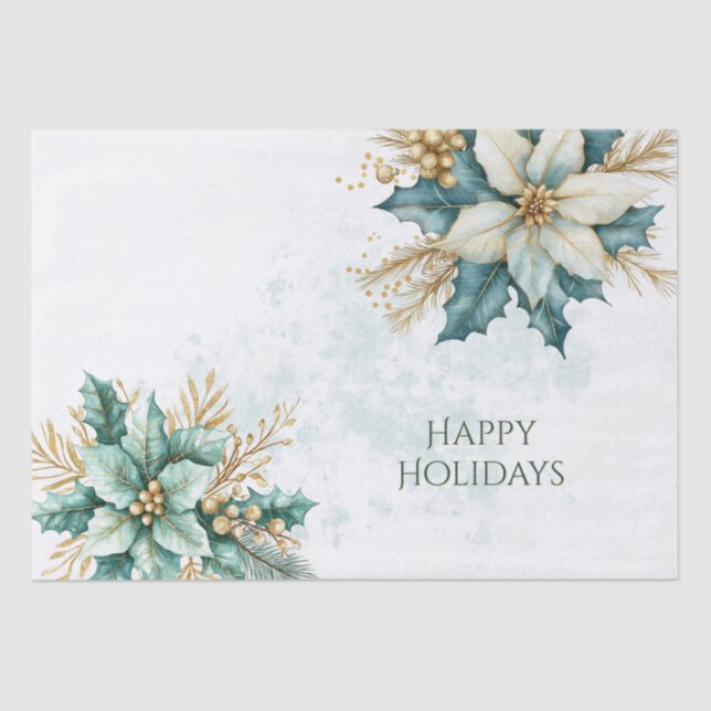 Watercolor Teal Floral Holiday Tissue Paper (Front)