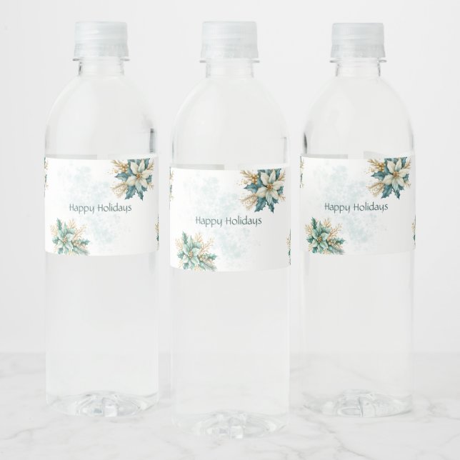 Watercolor Teal Floral Holiday Water Bottle Label (Bottles)