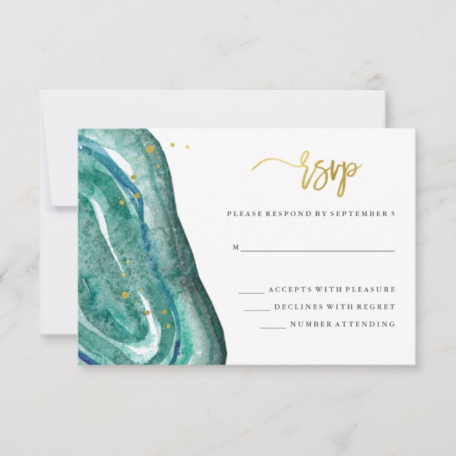 Watercolor Teal Geode and Faux Gold Wedding RSVP (Front)