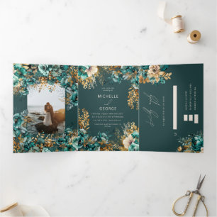 Watercolor Teal Gold Floral Tri-Fold Invitation