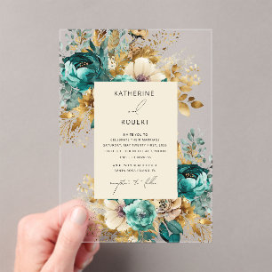 Watercolor Teal Gold Floral Wedding Acrylic Invitations
