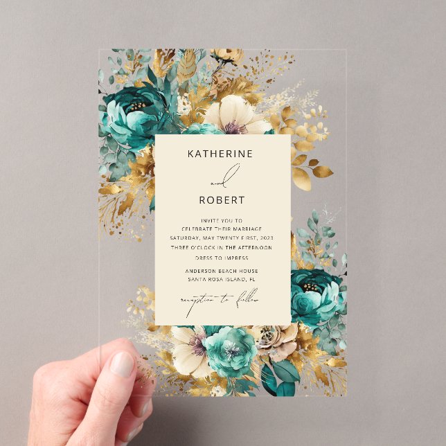 Watercolor Teal Gold Floral Wedding Acrylic Invitations (Insitu (Handheld))