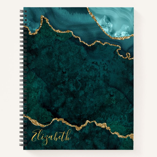 Watercolor Teal Gold Marble Agate Geode Notebook (Front)