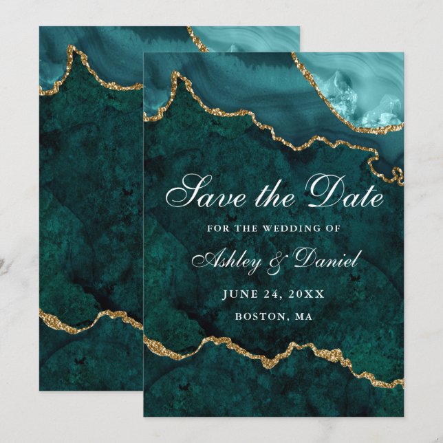 Watercolor Teal Gold Marble Agate Geode Save The Date (Front/Back)