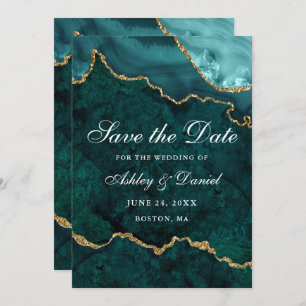 Watercolor Teal Gold Marble Agate Geode Save The Date