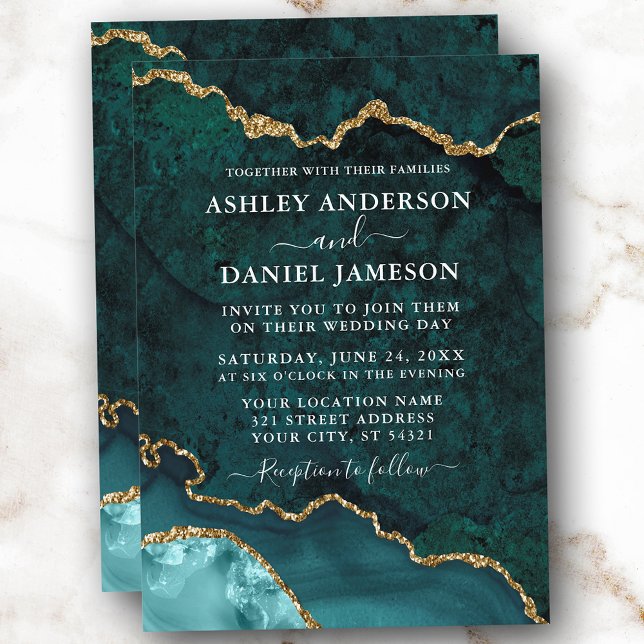 Watercolor Teal Gold Marble Agate Geode Wedding Invitation (Customize to change text size or text style.)