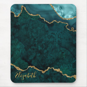 Watercolor Teal Gold Marble Geode Agate Mouse Pad