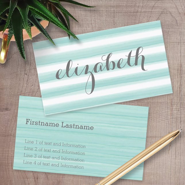 Watercolor Teal Green Stripes Feminine Business Card (Custom Printed Business Cards)