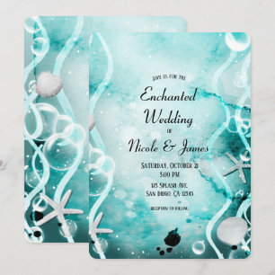Watercolor Teal Ink Splash Under the Sea Wedding Invitation