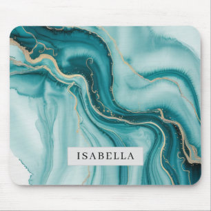 Watercolor Teal Marble & Gold Swirl Mouse Pad
