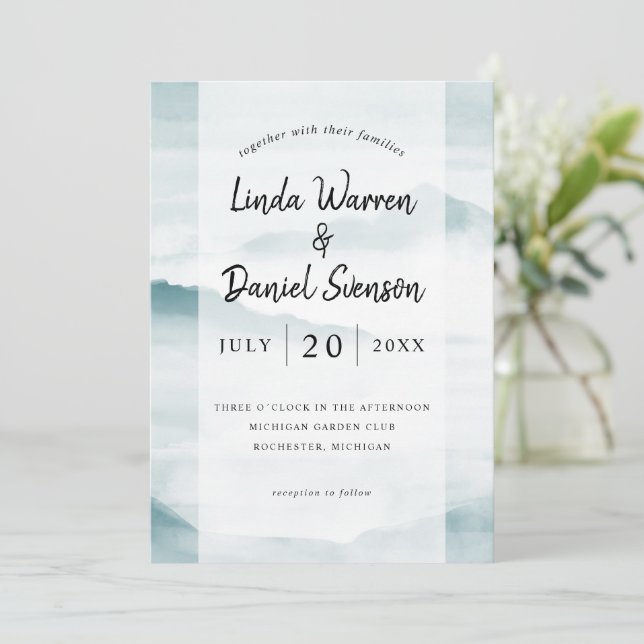 Watercolor teal misty landscape mountains invitation (Standing Front)
