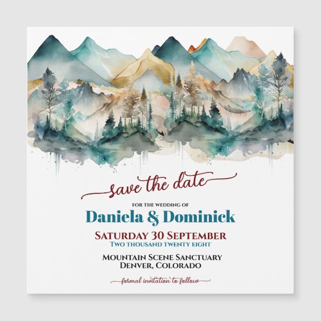 Watercolor Teal Mountain Save the Date Magnet (Front)