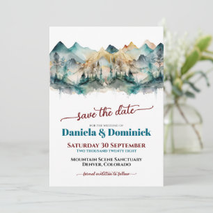 Watercolor Teal Mountain Wedding Save the Date Invitation