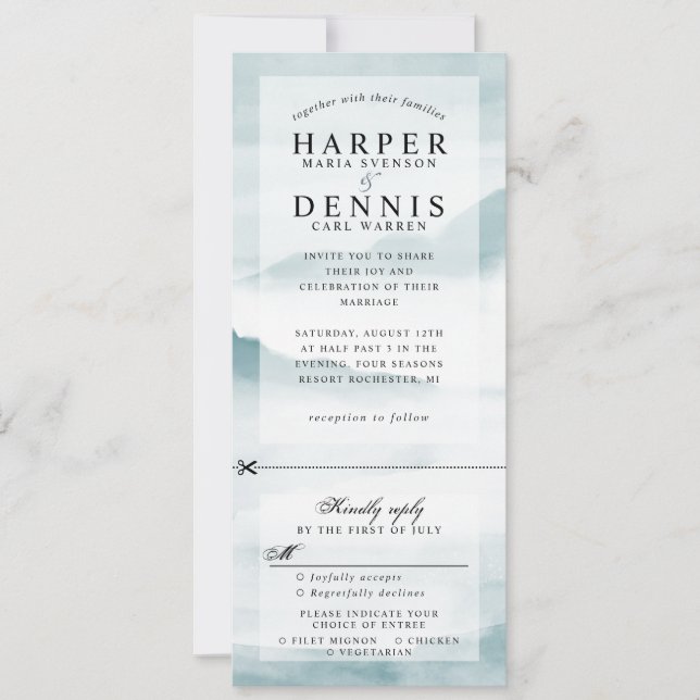 watercolor teal mountains wedding invite w rsvp (Front)