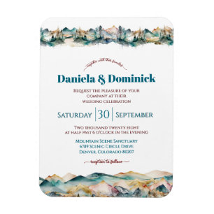 Watercolor Teal Orange Mountain Wedding Invitation Magnet