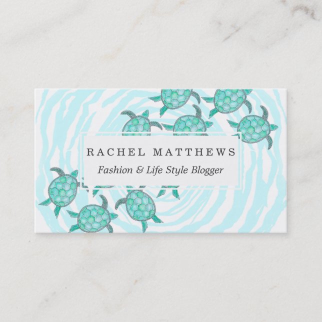 Watercolor Teal Sea Turtles on Swirly Stripes Business Card (Front)