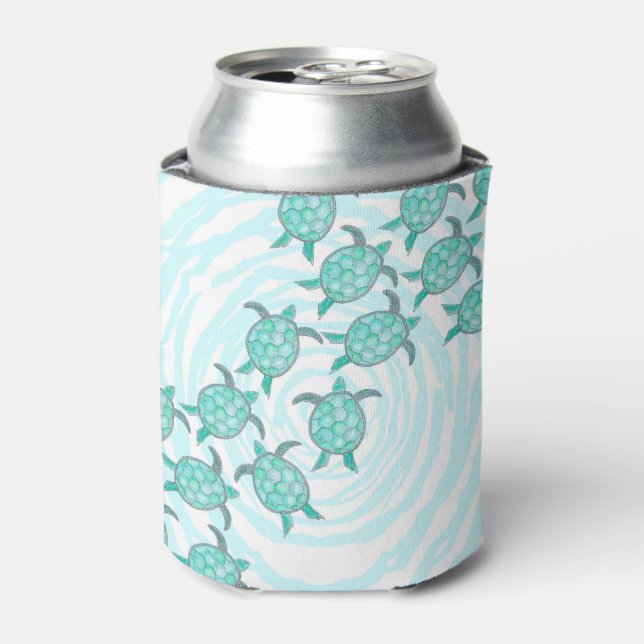 Watercolor Teal Sea Turtles on Swirly Stripes Can Cooler (Can Front)