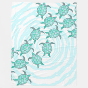 Watercolor Teal Sea Turtles on Swirly Stripes Fleece Blanket