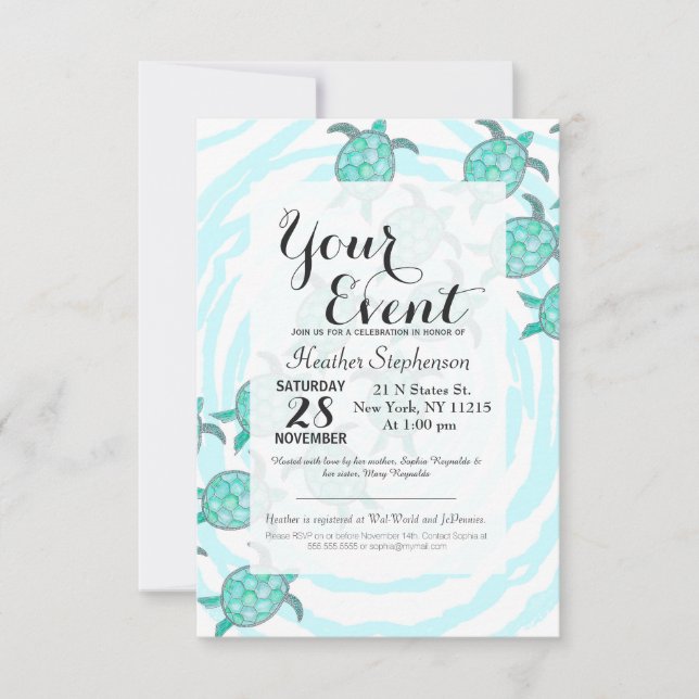 Watercolor Teal Sea Turtles on Swirly Stripes Invitation (Front)