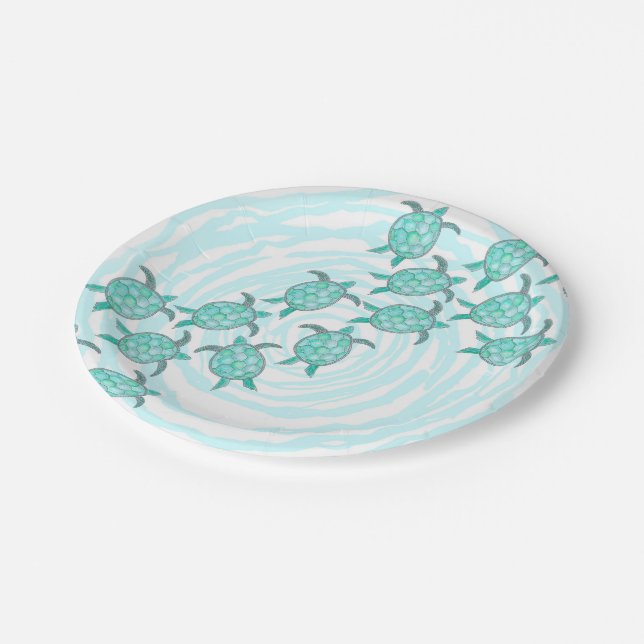 Watercolor Teal Sea Turtles on Swirly Stripes Paper Plate (Angled)