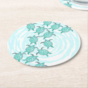 Watercolor Teal Sea Turtles on Swirly Stripes Round Paper Coaster