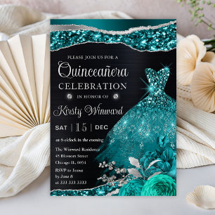 Watercolor Teal Silver Glitter Dress Quinceanera Invitation