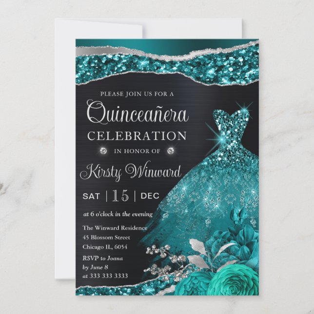 Watercolor Teal Silver Glitter Dress Quinceanera Invitation (Front)