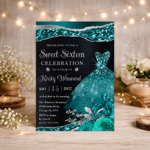 Watercolor Teal Silver Glitter Dress Sweet Sixteen Invitation