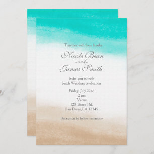 Watercolor Teal & Tan Elegant Beach Wedding Invitation