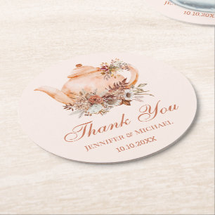 watercolor teapot fall autumn wedding thank you round paper coaster