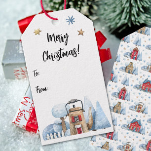 Watercolor Teapot House Snow Trees To-From Gift Tags