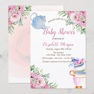 Watercolor Teapot Tea cup Floral Baby Shower   Invitation