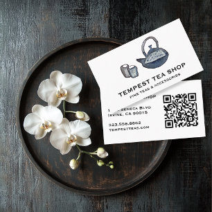 Watercolor Teapot Tea Shop Cafe CUSTOM QR Business Card