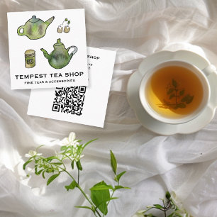 Watercolor Teapot Tea Shop Cafe CUSTOM QR Square Business Card