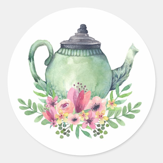 Watercolor Teapot with Floral Bouquet Classic Round Sticker (Front)