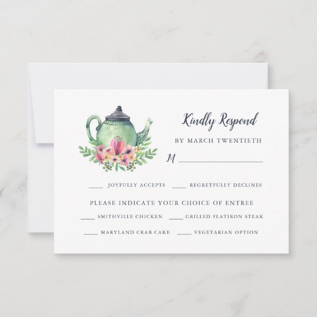 Watercolor Teapot with Meal Choice RSVP Card (Front)