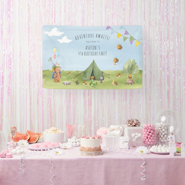 Watercolor Teddy Bear, Adventure  birthday welcome Banner (Party)