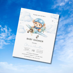 Watercolor Teddy Bear Airplane Baby Shower Invitation