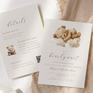 Watercolor Teddy Bear All-in-One Beige Baby Shower Invitation