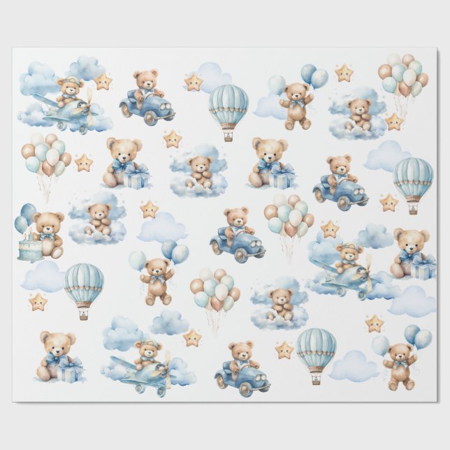 Watercolor Teddy Bear Aviator Pattern Gift Wrapping Paper (Flat)