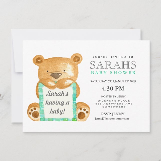 Watercolor Teddy Bear Baby Shower Invite (Front)