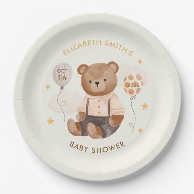 Watercolor Teddy Bear Baby Shower Paper Plate (Front)