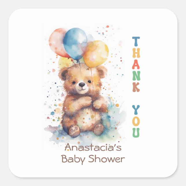 Watercolor Teddy Bear Baby Shower Thank You Square Sticker (Front)