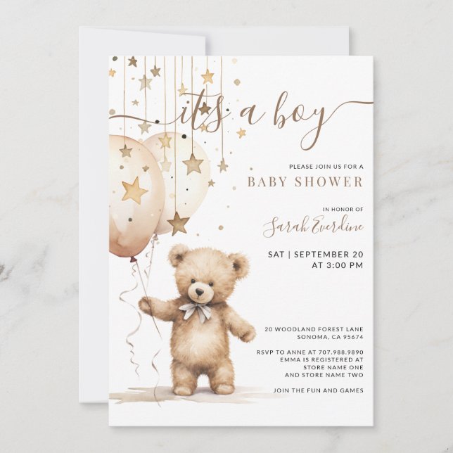 Watercolor Teddy Bear Balloons Boy Baby Shower  Invitation (Front)