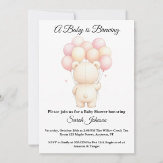 Watercolor Teddy Bear Balloons Pink Baby Shower Invitation