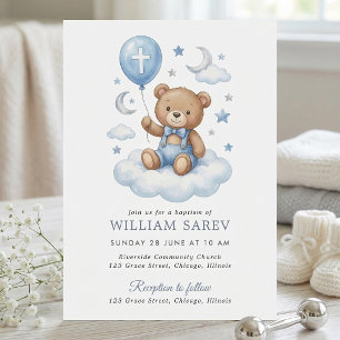Watercolor Teddy Bear Baptism Moon and Stars Clean Invitation