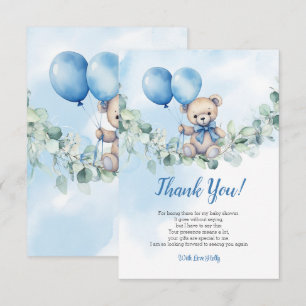 Watercolor Teddy Bear Blue & Balloon Baby Shower Thank You Card