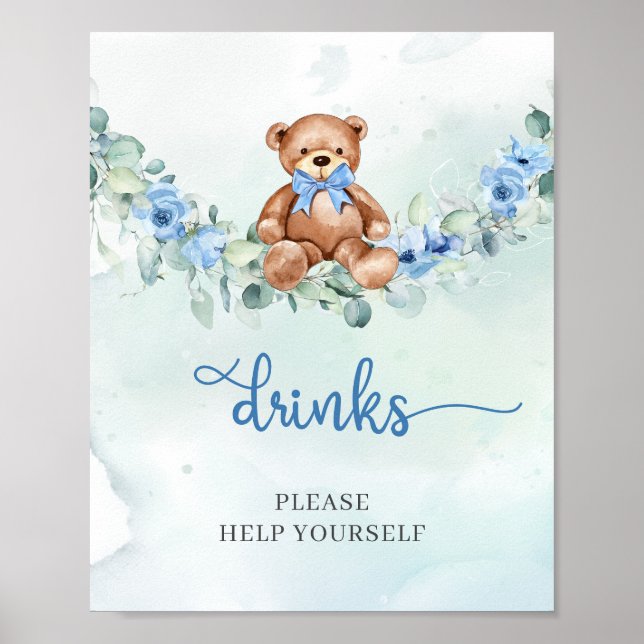 Watercolor Teddy bear blue floral greenery drinks Poster (Front)