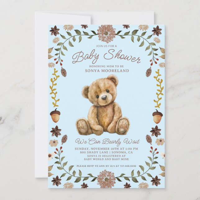Watercolor Teddy Bear Boy Blue Baby Shower Invitation (Front)