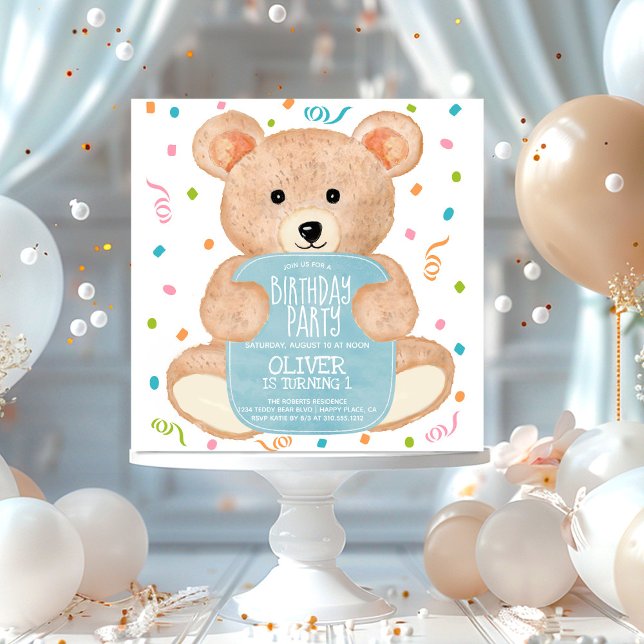 Watercolor Teddy Bear Confetti Boy Birthday Invitation (Creator Uploaded)